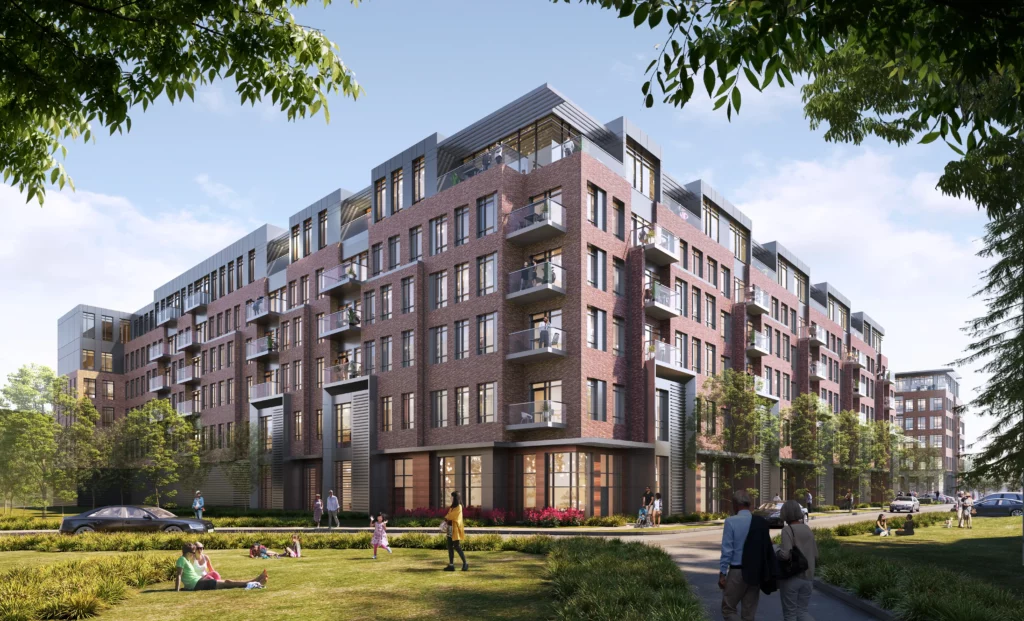 Aerial view of residential apartment complex with landscaped gardens