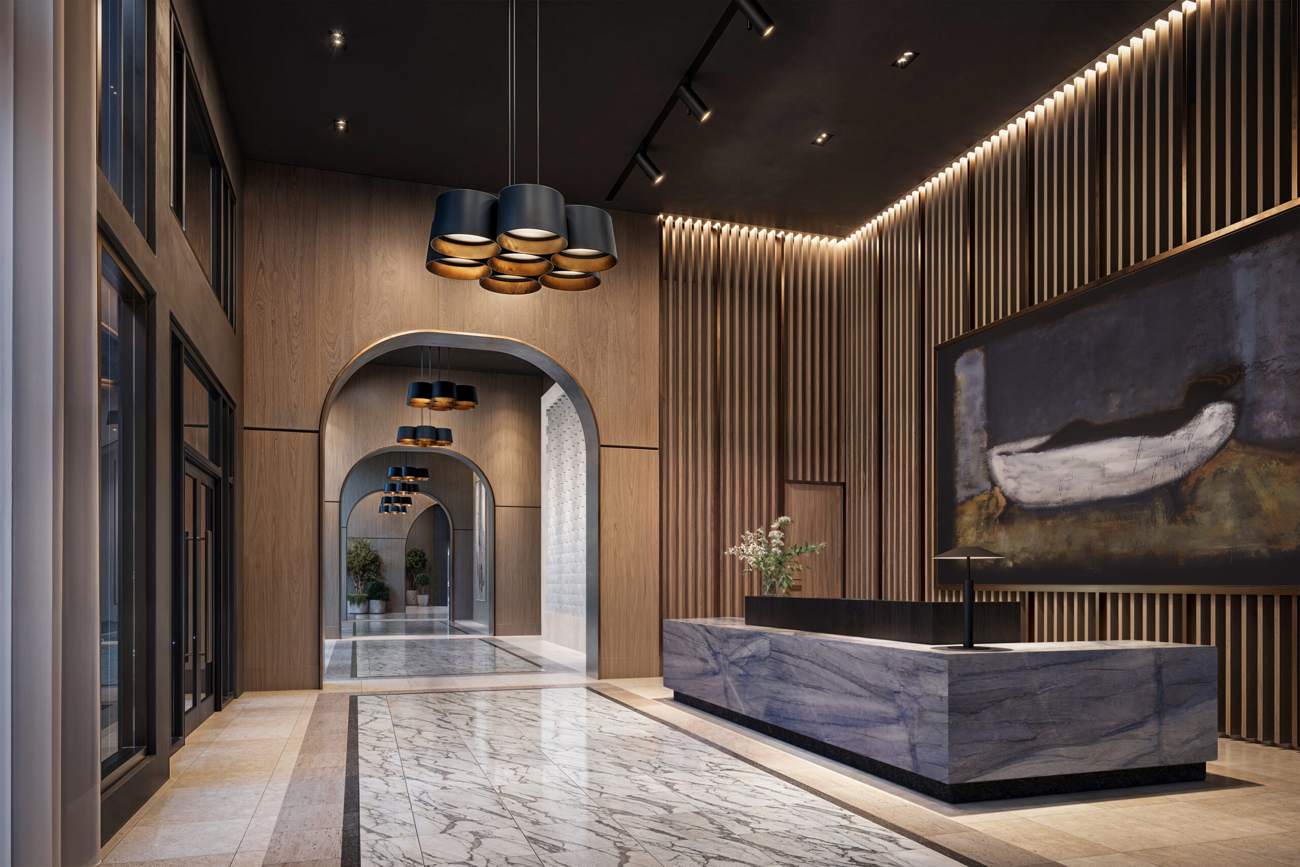 Stylish apartment lobby with lighting