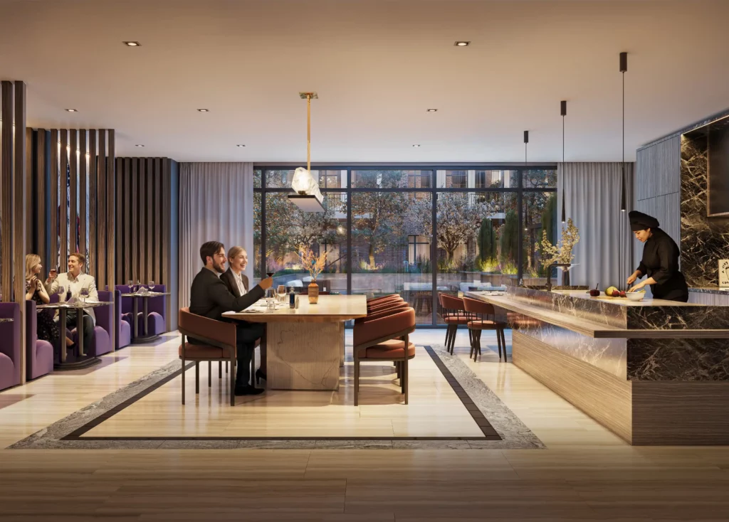 Modern apartment interior with open kitchen and living area